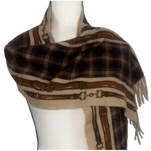 Amicale 100% Cashmere Wool Equestrian Tasseled Brown beige Plaid Scarf 62"x11"